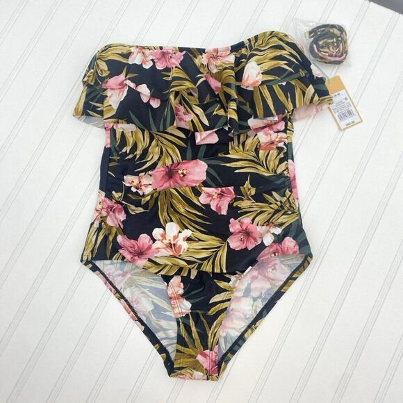 Kona Sol Floral High Coverage One Piece Swimsuit‎ Floral Flounce Top Small 4-6 - Picture 1 of 4